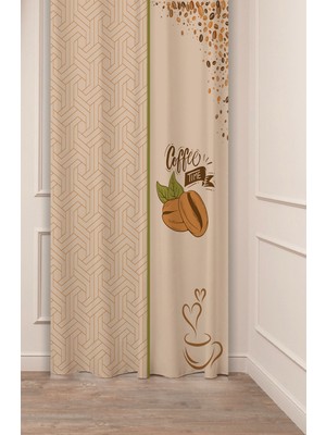 Greendecor Coffee Mutfak Kahve Çekirdeği Tatlı Meyve Yeşillik Desenli Özel Tasarım Bohem (Tek Kanat) Fon Perde