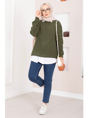 RAF Saç Örgü Desenli Triko Kazak Haki