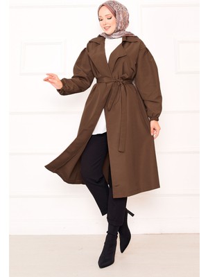 Sm Kol Ucu Lastikli Seyyar Kuşaklı Tesettür Trenç Taba