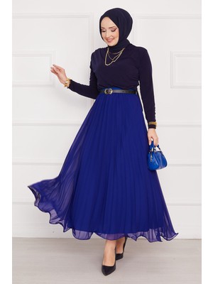 Kç Altı Volanlı Piliseli Tesettür Etek Saks