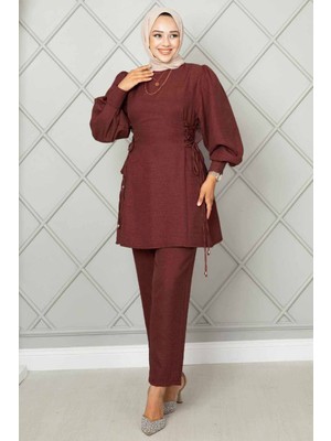 Md Yandan Bağlamalı Keten Tesettür İkili Takım Bordo