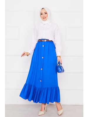 ZMR Beli Lastikli Düğme Detaylı Tesettür Etek Saks