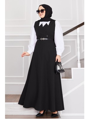 Md Düğme Detaylı Kemerli Tesettür Jile Siyah
