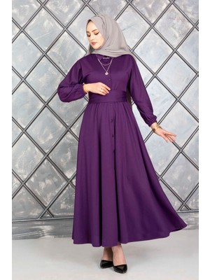 Md Boydan Düğmeli Kuşaklı Tesettür Elbise Mor