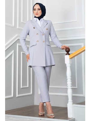 Mendil Yaka Detaylı Tesettür Takım - Gri