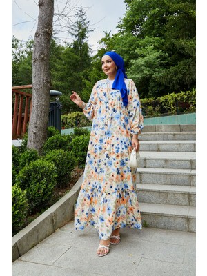 Mlk Modal Çiçek Desenli Tesettür Elbise Saks