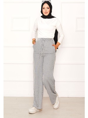 Kç Beli Lastik Bağcıklı Çizgili Salaş Pantolon Siyah