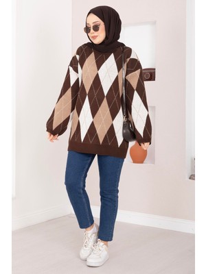 RAF Baklava Desen Oversize Triko Kazak Kahve