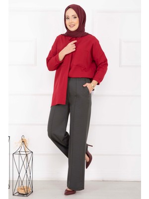 MDS Önü Çimalı Cep Detaylı Pantolon Füme