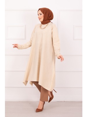 Frx Yırtmaç Detaylı Simli  Mevlana Triko Tunik Krem