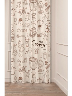 Greendecor Coffe Time Espresso Latte Kahve Zamanı Bohem Desenli Özel Tasarım Dijital Baskılı Şık Tarz Fon Perde