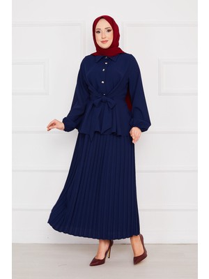 Md Kendinden Kuşaklı Piliseli Tesettür Takım Saks