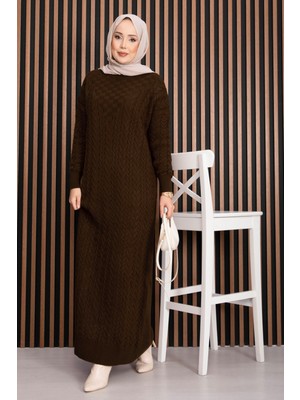 RAF Saç Örgü Dokulu Triko Elbise Kahve