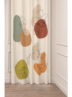 Greendecor Minimalist Soft Sade Pastel Yaprak Bohem Özel Tasarım Dijital Baskılı (Tek Kanat) Bej Krem Fon Perde