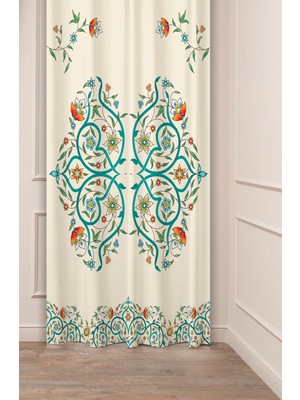 Greendecor Etnik Anadolu Motif Çiçek Pastel Bohem Özel Tasarım Dijital Baskılı (Tek Kanat) Bej Krem Fon Perde