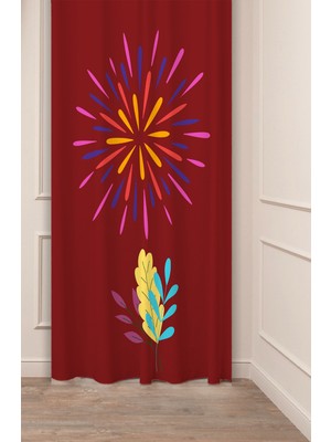 Greendecor Bohem Yaprak Geometrik Çizgi Lamba Desenli Özel Tasarım Dijital Baskılı (Tek Kanat) Modern Fon Perde