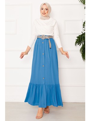 ZMR Beli Lastikli Düğme Detaylı Tesettür Etek Mavi