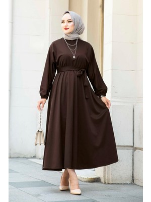 Beli Kuşaklı Tesettür Elbise 100MD-10528 Kahve