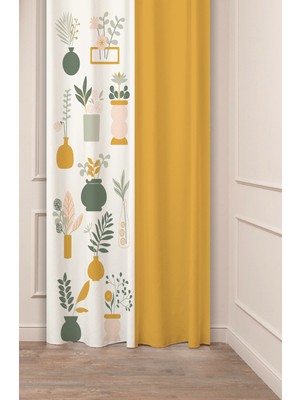 Greendecor Özel Tasarım Bohem Yaprak Vazo Çiçek Ethnic African Desenli Dijital Baskılı (Tek Kanat) Fon Perde