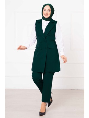 HP Mendil Yaka Uzun Yelek Takım Zümrüt