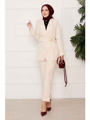 HP Yandan Bağlamalı Ceket  Takım Krem