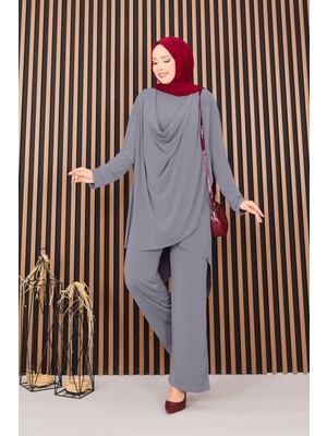 Ozk Degaje Dökümlü Sandy Tesettür İkili Takım Gri