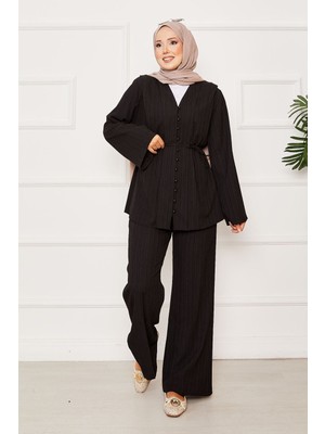 Mat Seyyar Kuşaklı Brit Düğmeli İkili Takım Siyah