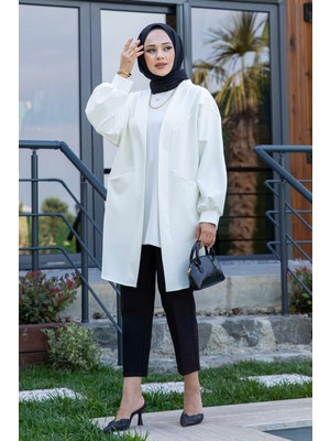 Cvn Yanları Cepli Atlas Tesettür Ceket Beyaz