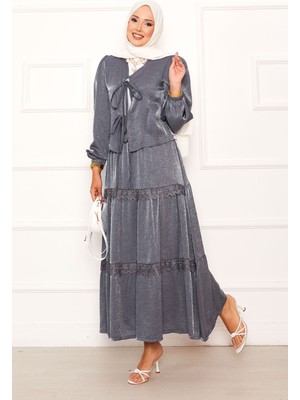Md Güpür Detaylı Etekli Kimonolu Takım Gri