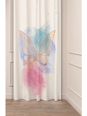 Greendecor Mandala Kelebek Pastel Bohem Desenli Özel Tasarım Dijital Baskılı (Tek Kanat) Bej Krem Fon Perde