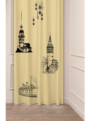 Greendecor Istanbul Galata Kız Külesi Gemi Bohem Desenli Özel Tasarım Dijital Baskılı (Tek Kanat) Bej Fon Perde