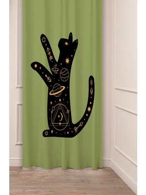 Greendecor Kedi Uzay Gezegen Yıldız Ay Bohem Desenli Özel Tasarım Dijital Baskılı (Tek Kanat) Şık Fon Perde