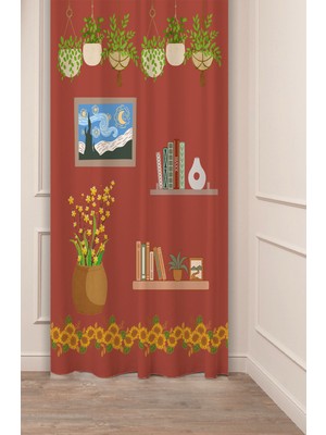 Greendecor Bohem Çiçekler Van Gogh Yıldızlı Geceler Desenli Özel Tasarım Dijital Baskılı (Tek Kanat) Fon Perde