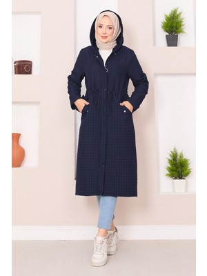 Md Kapüşonlu Kapitone Tesettür Trenç Lacivert