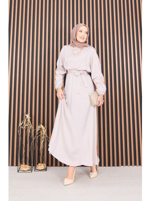 Md Beli Büzgülü Yarasa Kol Tesettür Elbise Taş