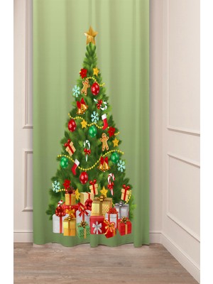 Greendecor Yılbaşı Çam Ağacı Noel Ağacı Kar Yeni Yıl Christmas Desenli Özel Tasarımlı Dijital Baskılı Fon Perde
