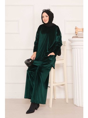 Ozk Cep Detaylı Kadife İkili Takım Zümrüt