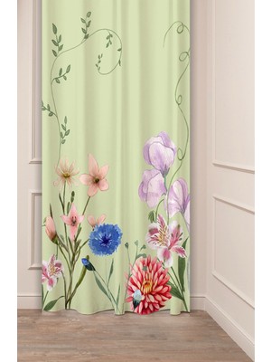 Greendecor Bohem Çiçekler Yaprak Bej Krem Desenli Özel Tasarım Dijital Baskılı (Tek Kanat) Modern Fon Perde