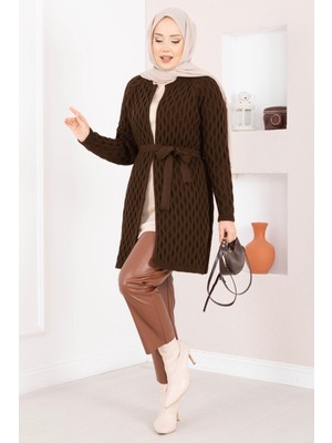 RAF Saç Örgü Kuşaklı Triko Hırka Kahve