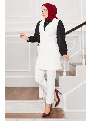 HP Mendil Yaka Uzun Yelek Takım Ekru