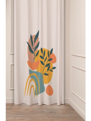 Greendecor Yaprak Bohem Minimalist Bej Krem Desenli Özel Tasarım Dijital Baskılı (Tek Kanat) Modern Fon Perde