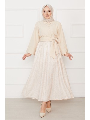 Asm Gömleği Kendinden Kuşaklı Geniş Kol Etekli Takım Bej