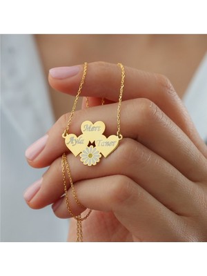 Kadın 925 Ayar Gümüş Kişiye Özel Üç Isimli Papatya Kolye