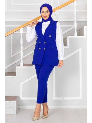 HP Mendil Yaka Detaylı Tesettür Yelek Takım Saks