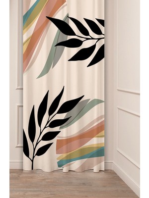 Greendecor Yaprak Vazo Bohem Minimalist Bej Krem Desenli Özel Tasarım Dijital Baskılı (Tek Kanat) Şık Fon Perde