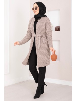 RAF Saç Örgü Kuşaklı Triko Hırka Taş