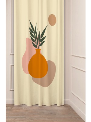 Greendecor Çiçekler Yaprak Çizgili Bohem Desenli Özel Tasarım Dijital Baskılı (Tek Kanat) Modern Şık Fon Perde