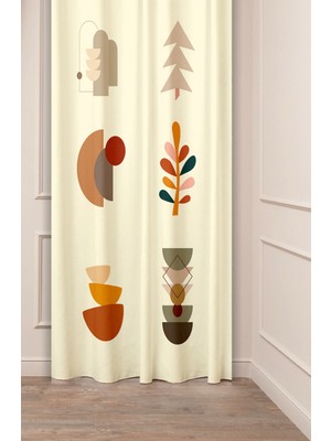 Greendecor Bohem Vazo Ağaç Yaprak Geometrik Çizgiler Desenli Özel Tasarım Dijital Baskılı (Tek Kanat) Fon Perde