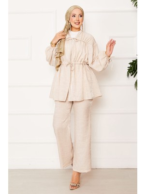 Md Büzgü Detaylı Beli Tünelli Kimonolu Takım Bej