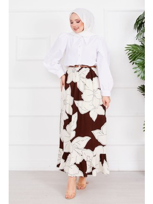 ZMR Çiçek Desenli Etek Kahve